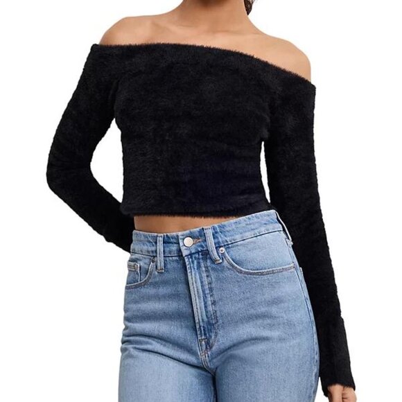Good American Fuzzy Off-the-Shoulder Black Cropped Sweater Top NWT S - Picture 1 of 5